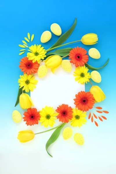 概要卵 チューリップ 菊の花のシンボルをグラデーションブルーにしたイースターエッグと春の花の背景の境界 コピースペース付きイースターデザインコンセプト フラットレイアウト トップビュー — ストック写真
