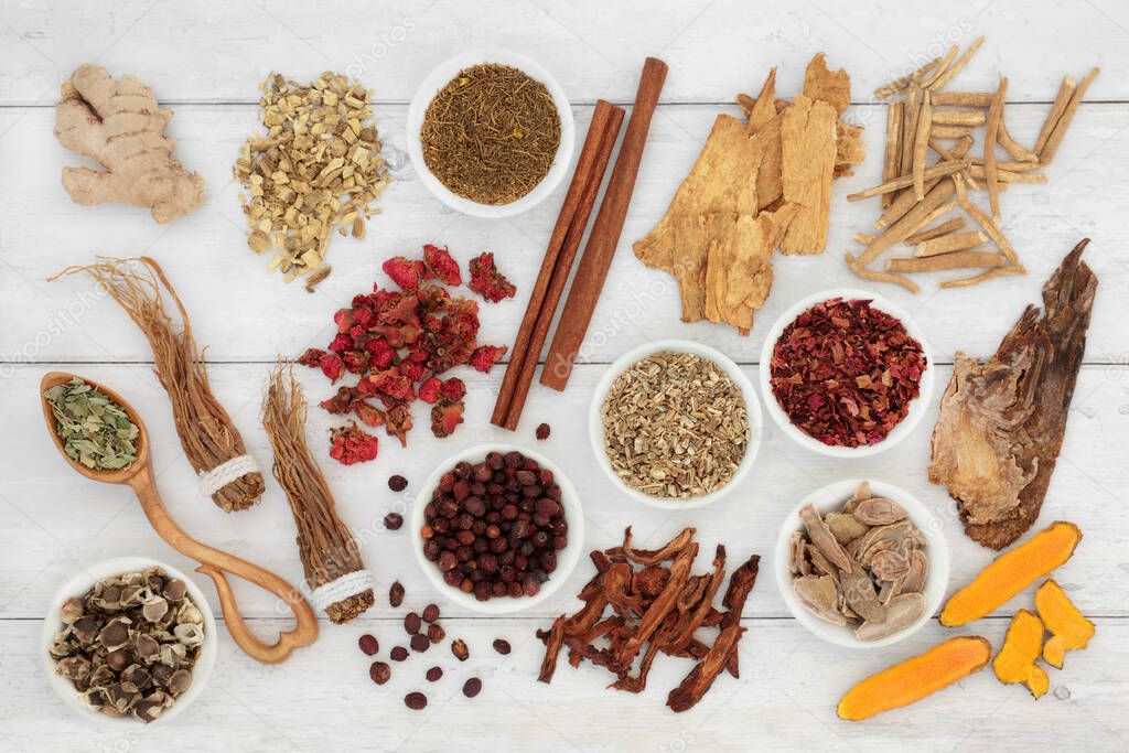 Herbal plant medicine herb and spice collection to boost the immune system on rustic wood background. Healthy food high in antioxidants, anthocyanins, vitamins and minerals.