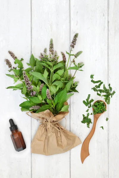 Peppermint Herb Leaves Essential Oil Bottle Rustic Wood Used Herbal — Stock Photo, Image