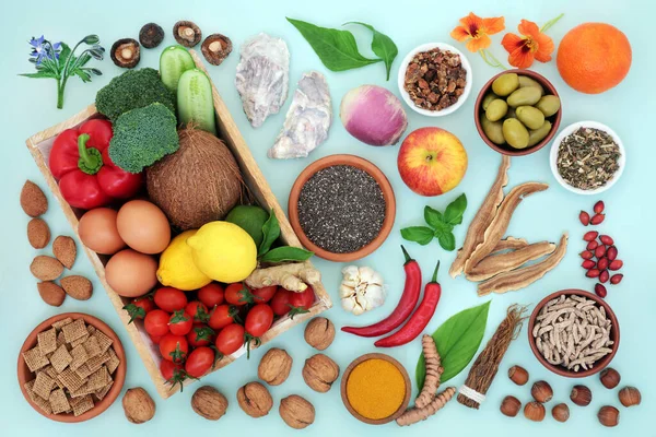 Gran Colección Alimentos Saludables Para Salud Inmunológica Con Hierbas Medicinales —  Fotos de Stock