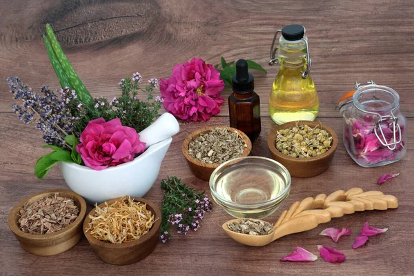 Herbal Medicine Natural Skincare Protection Herbs Flowers Essential Infused Oil — Stock Photo, Image