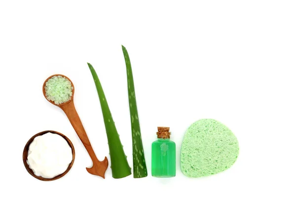 Aloe Vera Feuchtigkeitscreme Peeling Salz Gel Grüne Zweige Und Kosmetikschwamm — Stockfoto
