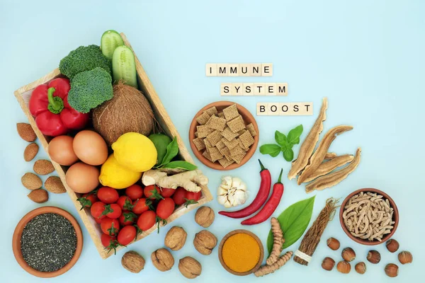 以蔬菜 药草和香料增强免疫系统的保健食品 富含抗氧化剂 花青素 番茄红素 欧米加3 蛋白质 维生素和矿物质的保健食品 — 图库照片