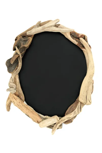 Driftwood Abstracte Achtergrond Frame Compositie Met Krijtbord Witte Achtergrond Ovale — Stockfoto