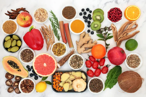 Alimento Vegano Saludable Para Sistema Inmunológico Con Verduras Frutas Hierbas —  Fotos de Stock