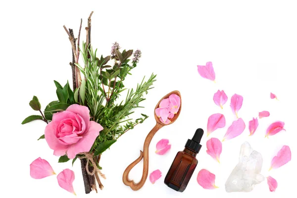 Preparação Poção Amor Mágico Com Pacote Bruxas Ervas Rosa Flor — Fotografia de Stock