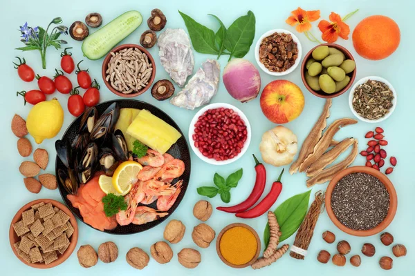 System Immunologiczny Wzmacniający Żywność Dla Zdrowej Diety Owoców Morza Warzyw — Zdjęcie stockowe