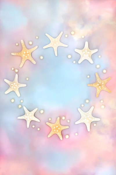 Starfish Oyster Pearl Seashell Wreath Rainbow Sky Cloud Background Abstract — Photo