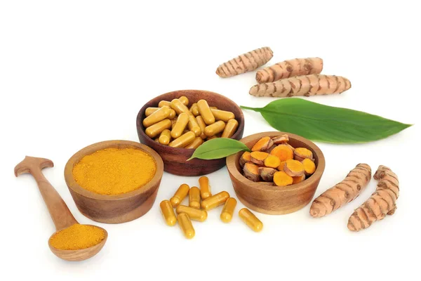 Turmeric Herbal Plant Medicine Food Seasoning Root Powder Dietary Supplement — Foto Stock