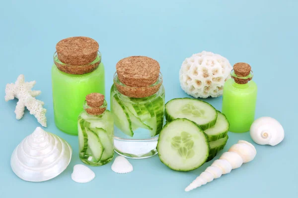 Cucumber Skin Body Care Treatment Natural Hydrating Products Glass Bottles — Stock Photo, Image