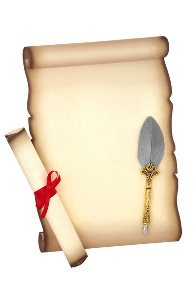 Old Fashioned Parchment Scroll Quill Pen Rolled Scroll Tied Red — Foto de Stock