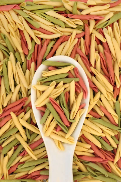 Fusilli Pulgiesi Tricolor Pasta Health Food Porcelain Spoon Forming Abstract — Stock Photo, Image