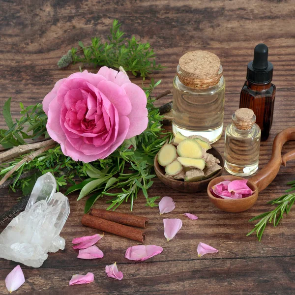 Magic Love Potion Preparation Witches Bundle Herbs Rose Flower Quartz — Stock Photo, Image