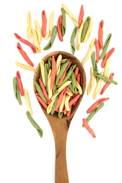 Fusilli Pulgiesi Tricolor Pasta Olive Wood Spoon Loose Healthy Italian — Stock Photo, Image