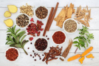 Bağışıklık sistemi için taze ve kuru otlar ve baharatlar kırsal ahşabı güçlendirir. Güçlü antioksidanlarla, antosiyaninlerle, vitaminlerle ve minerallerle dolu sağlık gıda konsepti. 