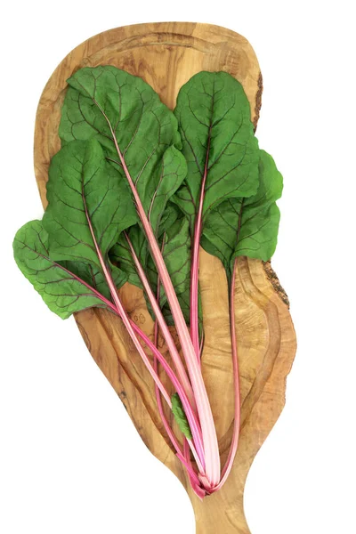Swiss Chard Ruby Red Vegetable Leaves Olive Wood Board Very — Stock Photo, Image