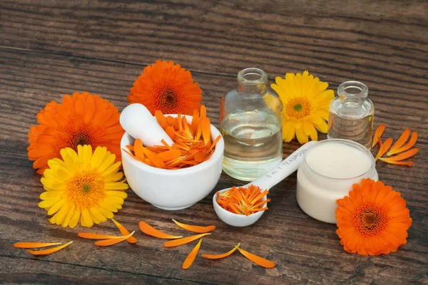 Preparation of calendula ointment with flowers for natural skincare remedies. Heals wounds, acne, eczema, stimulates collagen, is antiseptic, anti inflammatory, anti bacterial. On rustic wood