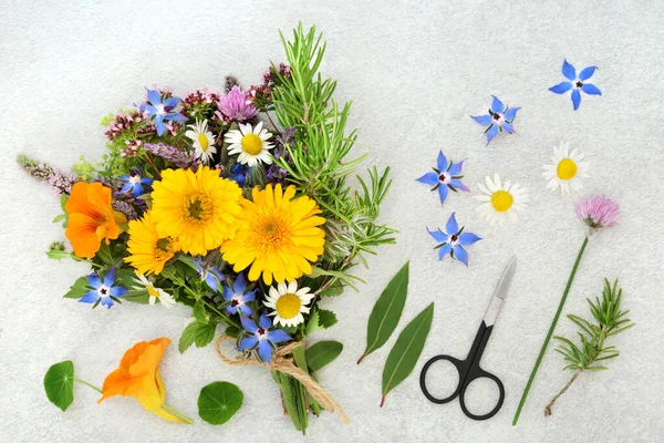 Preparação Ervas Flores Para Fitoterapia Alternativa Tempero Decoração Alimentos Conceito — Fotografia de Stock