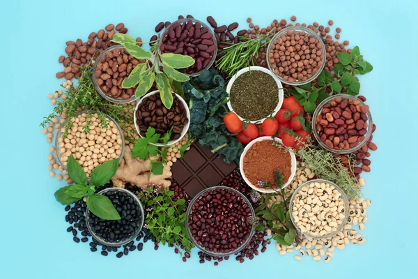 Healthy Heart Food High Nutrients Legumes Herbs Vegetables Coffee Tea — Stockfoto