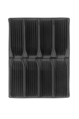 Root trainer seed tray for sowing seeds to develop root growth prior to planting. Open gardening tray module in black plastic on white background. Used mainly for bean seeds. Flat lay Top view