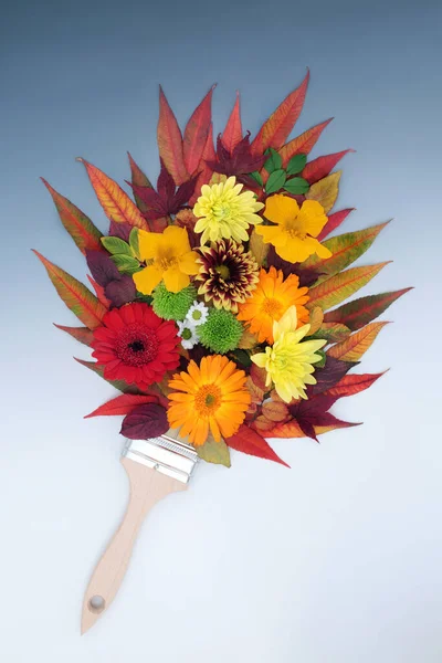 Autumn Thanksgiving Paintbrush Composition Colourful Leaves Flowers Surreal Nature Composition — Stock Photo, Image
