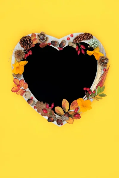 Heart Shaped Autumn Chalkboard Frame Leaves Flowers Berries Grain Nuts — Stockfoto