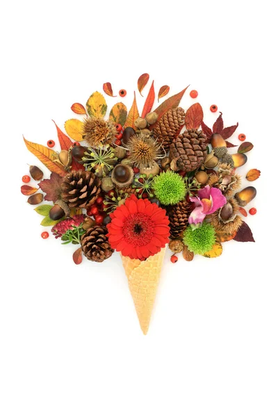 Surreal Vivid Autumn Thanksgiving Ice Cream Cone Design Flowers Leaves — стоковое фото