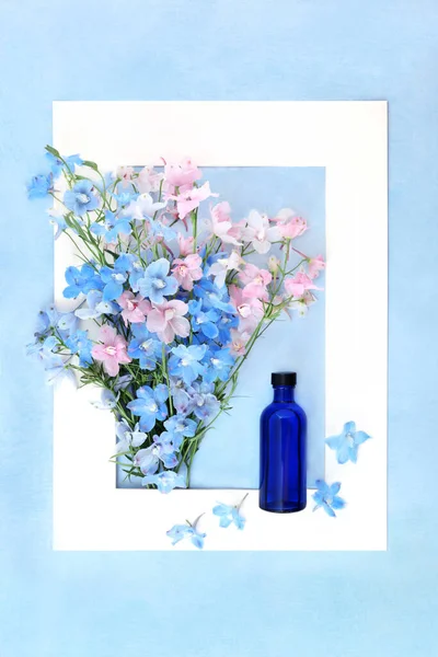 Delphinium Wildflower Naturopathic Herbal Medicine Tincture Blue Glass Bottle Summer — Stock Photo, Image