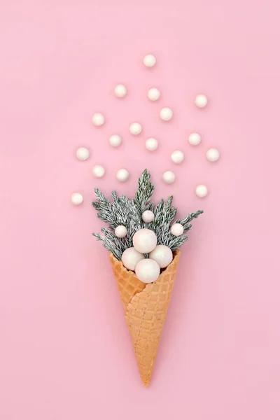 Christmas Ice Cream Waffle Cone Surreal Concept Snow Covered Fir — Stock Photo, Image