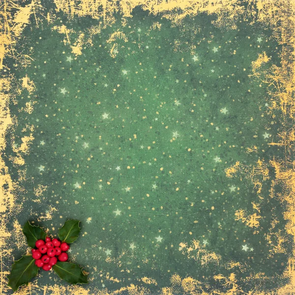 Inverno Natale Capodanno Sfondo Bacche Agrifoglio Rosso Sfondo Verde Grunge — Foto Stock