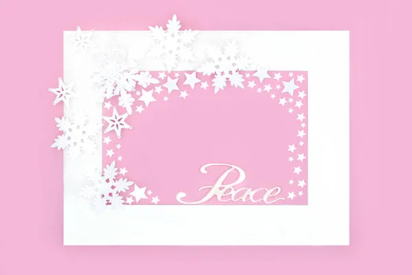 Kerst Vrede Bord Met Sneeuwvlok Ster Decoraties Pastel Roze Achtergrond — Stockfoto