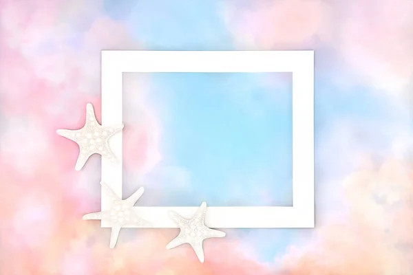 Rainbow Sky Cloud Background Border White Frame Starfish Sea Shells — Stock Photo, Image