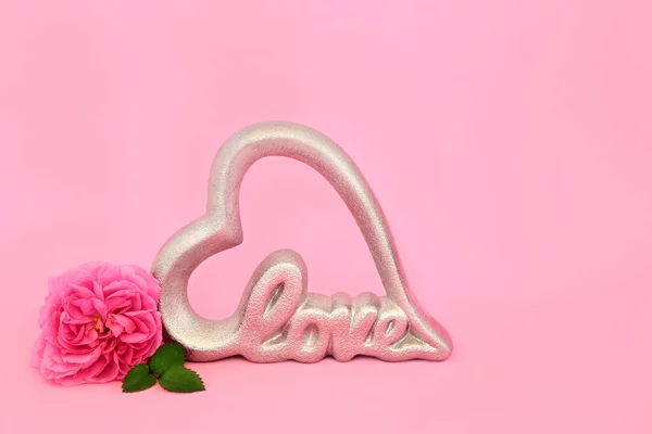 Romantic Valentines Day heart shaped silver love sign with red rose flower on pink background. Valentine, birthday, Mothers Day, bridal floral beautiful nature concept. Copy space.