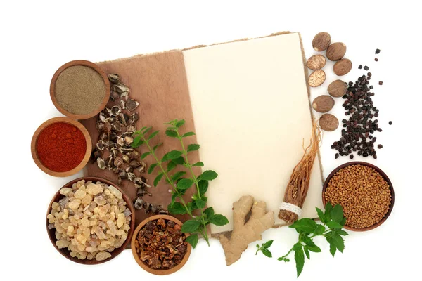 Ervas Nervosas Especiarias Com Caderno Cânhamo Alimentos Saudáveis Ingredientes Tónicos — Fotografia de Stock
