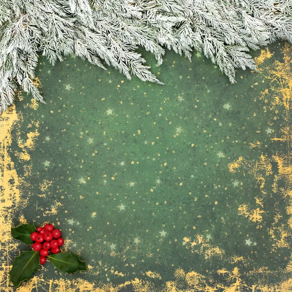 Christmas Winter and New Year snow covered fir with holly background. Natural festive border on grunge green. Traditional Xmas nature composition for the holiday season.