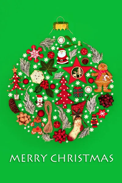 自然装飾 シンボル 冬の植物や雪の結晶とメリークリスマスラウンド形状の木のバブル装飾の概念 自然はテキストとホリデーシーズンのための緑の組成行く — ストック写真