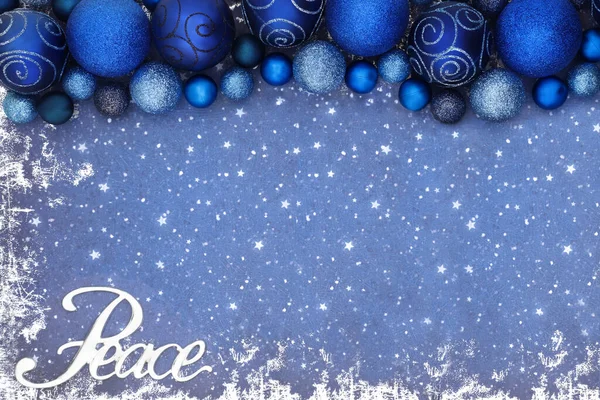 Christmas Peace Sign Background Border Blue Sparkling Glitter Tree Bauble — Stock Photo, Image