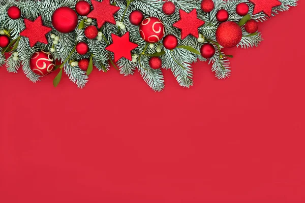 Boas Férias Natal Decorativo Vermelho Fundo Fronteira Com Abeto Neve — Fotografia de Stock