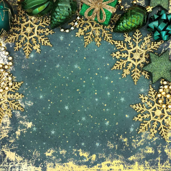 Різдвяні Зелені Прикраси Дерев Золотий Кордон Сніжинки Тлі Гранджу Традиційний — стокове фото