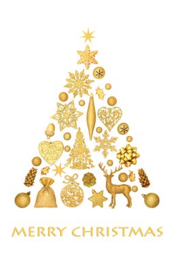 Mutlu Noel ağacı şekilli soyut konsept altın takılar ve beyaz arka planda süsler. Bayram bayramı için Xmas sembol tasarımı ögesi.