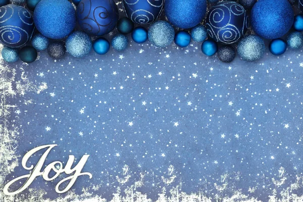 Kerst Vreugde Teken Achtergrond Rand Met Blauwe Glitter Boom Bauble — Stockfoto