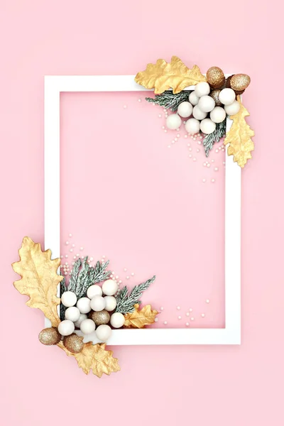 Festive Christmas Background Pink White Frame Tree Decoration Glitter Balls — Stock Photo, Image