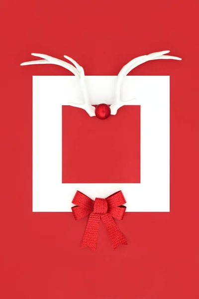 Festive Christmas Reindeer Antlers Red Background Gift Bow White Frame — Stock Photo, Image