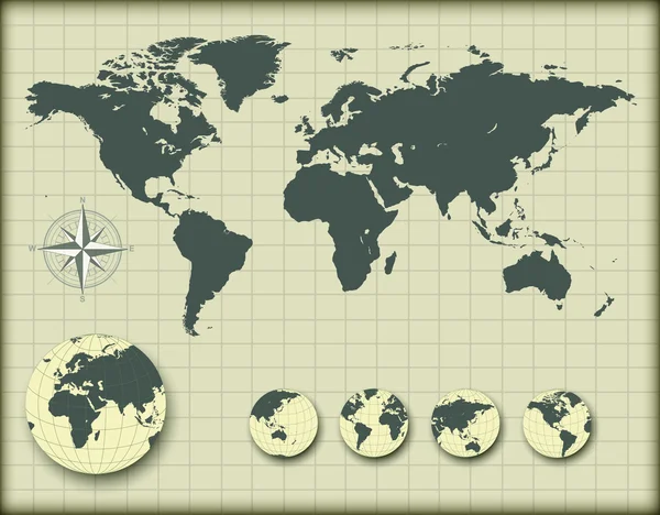 Wereldkaart met aarde globes — Stockvector