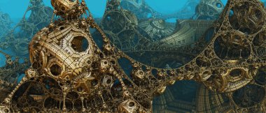 Soyut arka plan 3D, fantastik antik medeniyet mimarisi, altın mavisi çizim teknolojisi illüstrasyonu