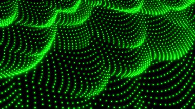 Arkaplan 3D yeşil ışık alanı, soyut teknoloji tasarımı, neon ışıldayan noktalar denizi siyah üzerine yarım ton, üç boyutlu çizim arkaplanı.