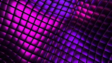 Mor arka plan 3D, kare desen dalgaları, soyut teknoloji alanı küpler, muhteşem neon parıldayan doku denizi, 3D çizim arkaplanı.