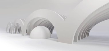 Üç boyutlu beyaz mimari şekillere sahip soyut teknoloji arka planı, modern beyaz gri geometrik dalgalar ve küreler resimleme. 