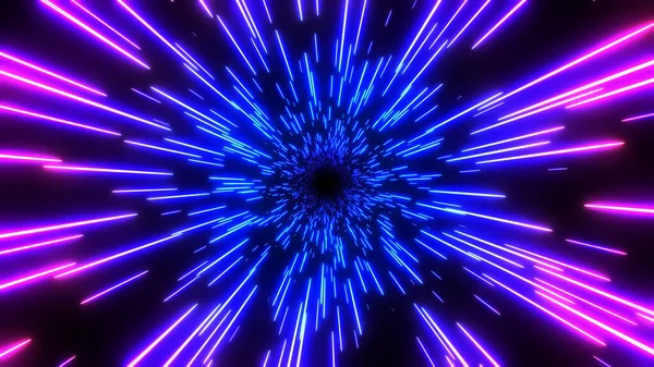 背景霓虹灯发紫蓝色 宇宙速度概念 动态超空间曲调3D科幻图解 — 图库照片