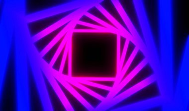 Soyut fütüristik arka plan, kare tünelli pembe mavi neon ışıklar, bilim kurgu resimleme.